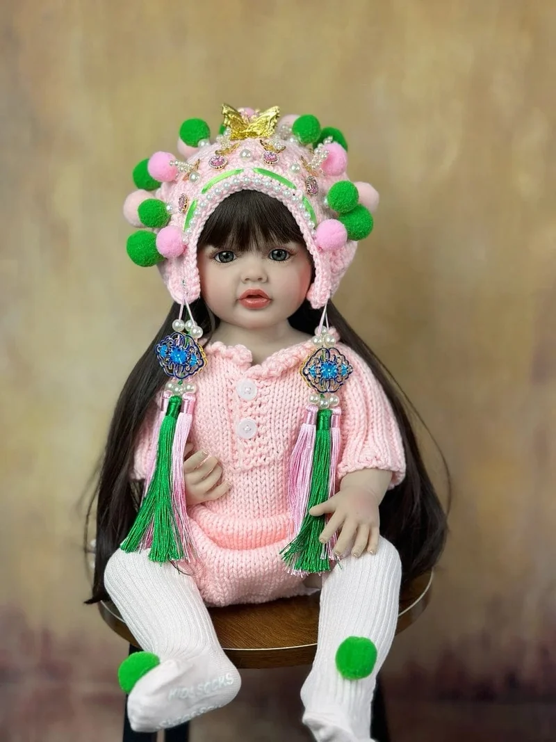 55cm 22inch Lebensechte Baby Mädchen Puppe Weiche Silikon Lange Braune Haare Realistische Prinzessin Kleinkind Bebe Geburtstag Geschenk