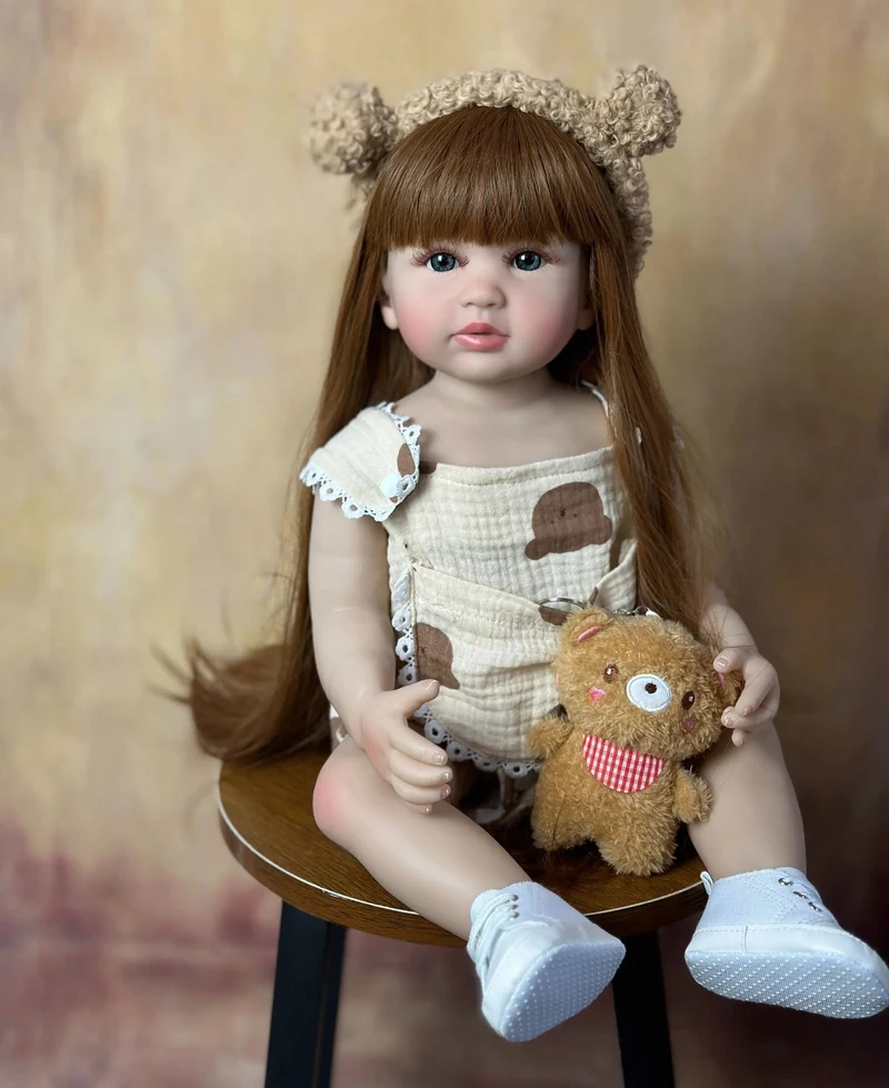 55cm 22inch Lebensechte Baby Mädchen Puppe Weiche Silikon Lange Braune Haare Realistische Prinzessin Kleinkind Bebe Geburtstag Geschenk