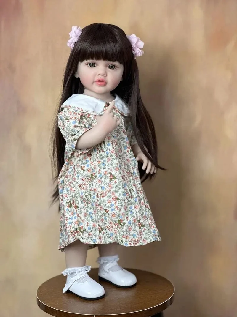 55cm 22inch Lebensechte Baby Mädchen Puppe Weiche Silikon Lange Braune Haare Realistische Prinzessin Kleinkind Bebe Geburtstag Geschenk
