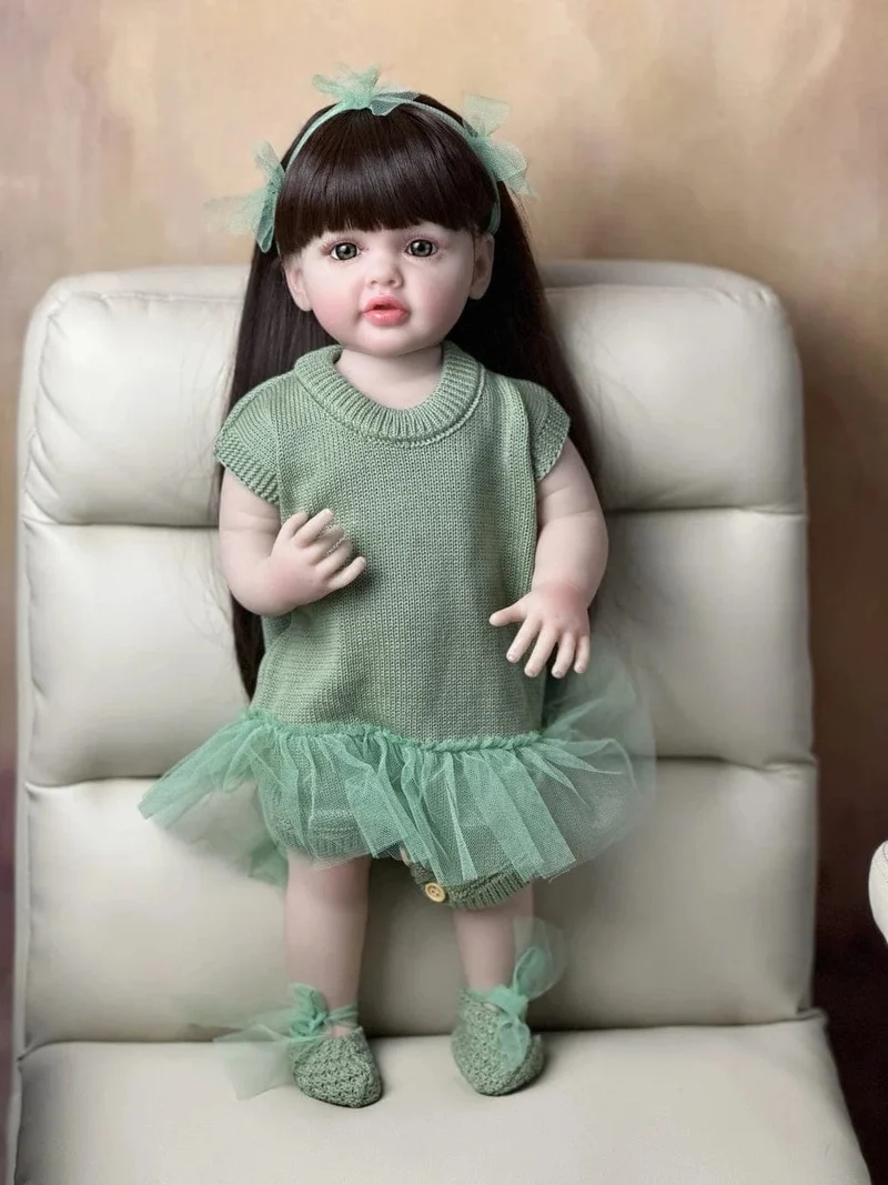 55cm 22inch Lebensechte Baby Mädchen Puppe Weiche Silikon Lange Braune Haare Realistische Prinzessin Kleinkind Bebe Geburtstag Geschenk