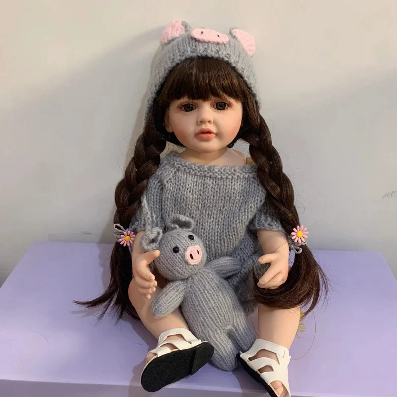 55cm 22inch Lebensechte Baby Mädchen Puppe Weiche Silikon Lange Braune Haare Realistische Prinzessin Kleinkind Bebe Geburtstag Geschenk
