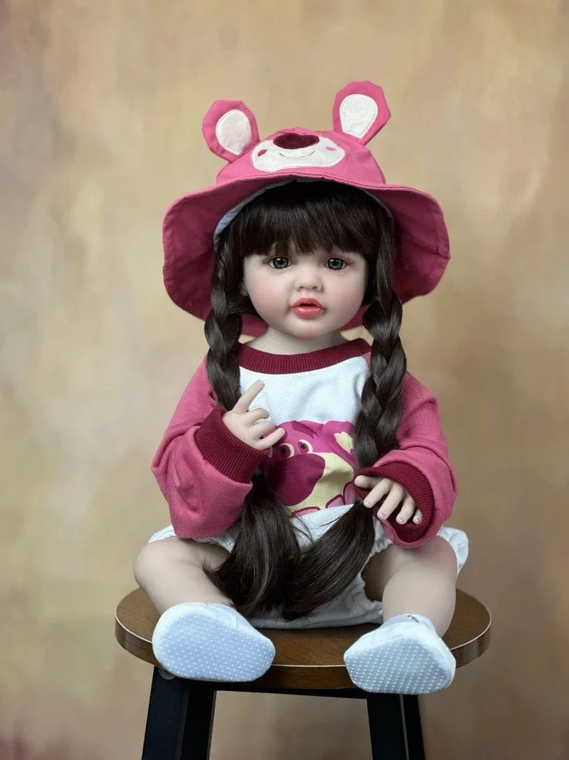 55cm 22inch Lebensechte Baby Mädchen Puppe Weiche Silikon Lange Braune Haare Realistische Prinzessin Kleinkind Bebe Geburtstag Geschenk