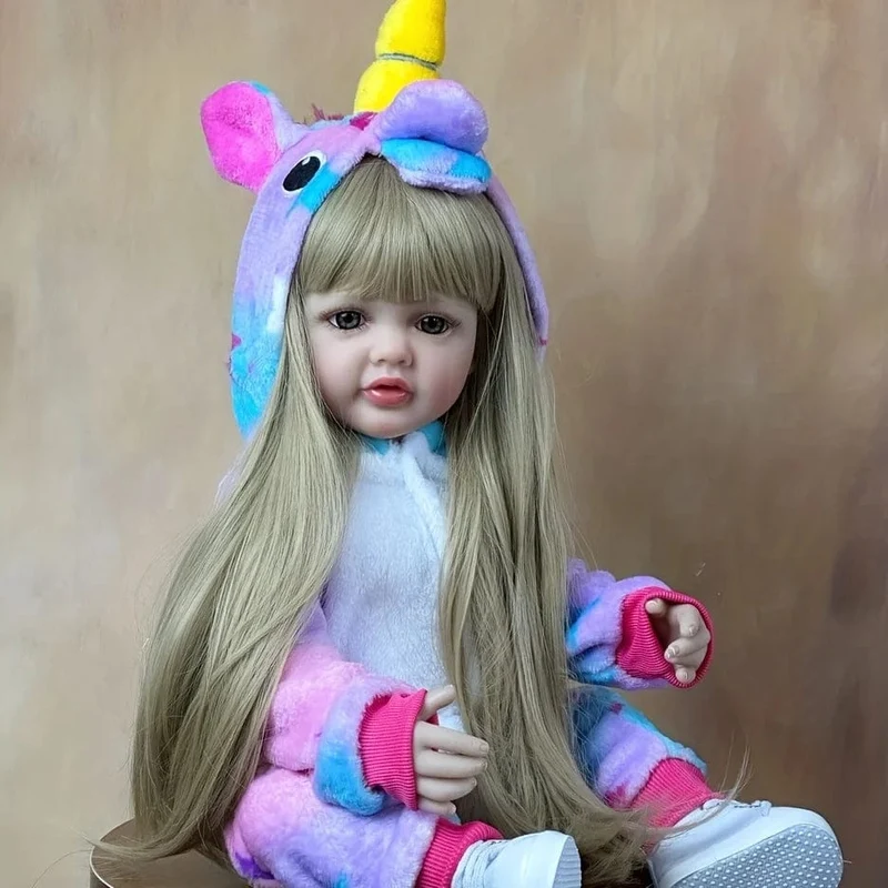 55cm 22inch Lebensechte Baby Mädchen Puppe Weiche Silikon Lange Braune Haare Realistische Prinzessin Kleinkind Bebe Geburtstag Geschenk