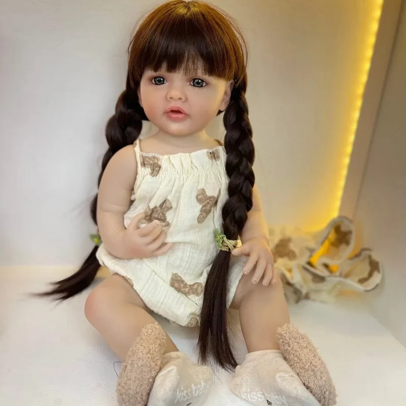 55cm 22inch Lebensechte Baby Mädchen Puppe Weiche Silikon Lange Braune Haare Realistische Prinzessin Kleinkind Bebe Geburtstag Geschenk