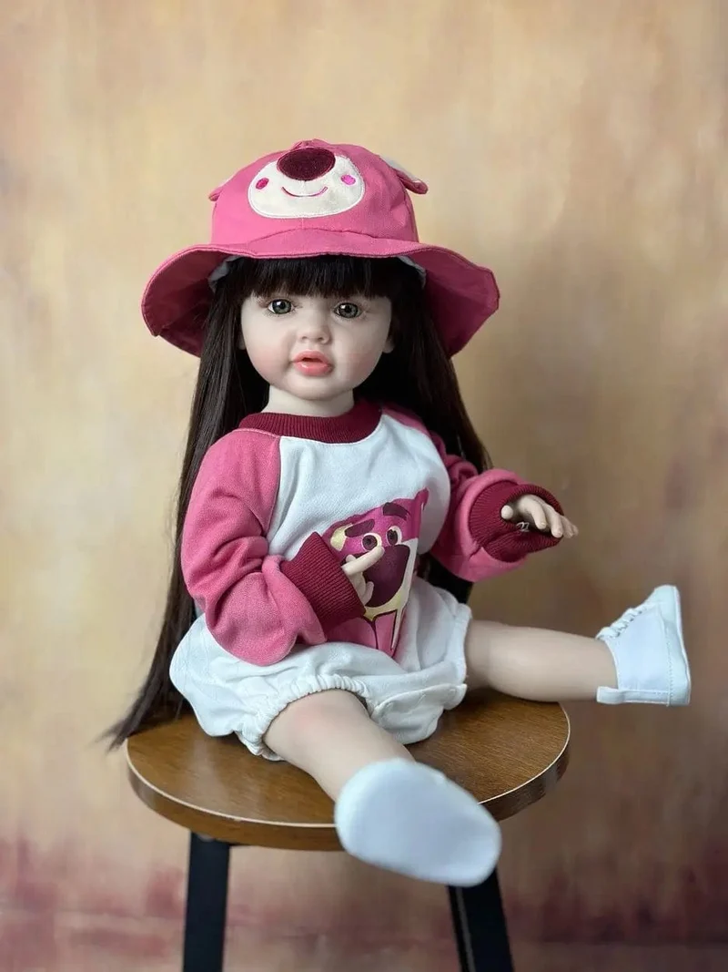 55cm 22inch Lebensechte Baby Mädchen Puppe Weiche Silikon Lange Braune Haare Realistische Prinzessin Kleinkind Bebe Geburtstag Geschenk