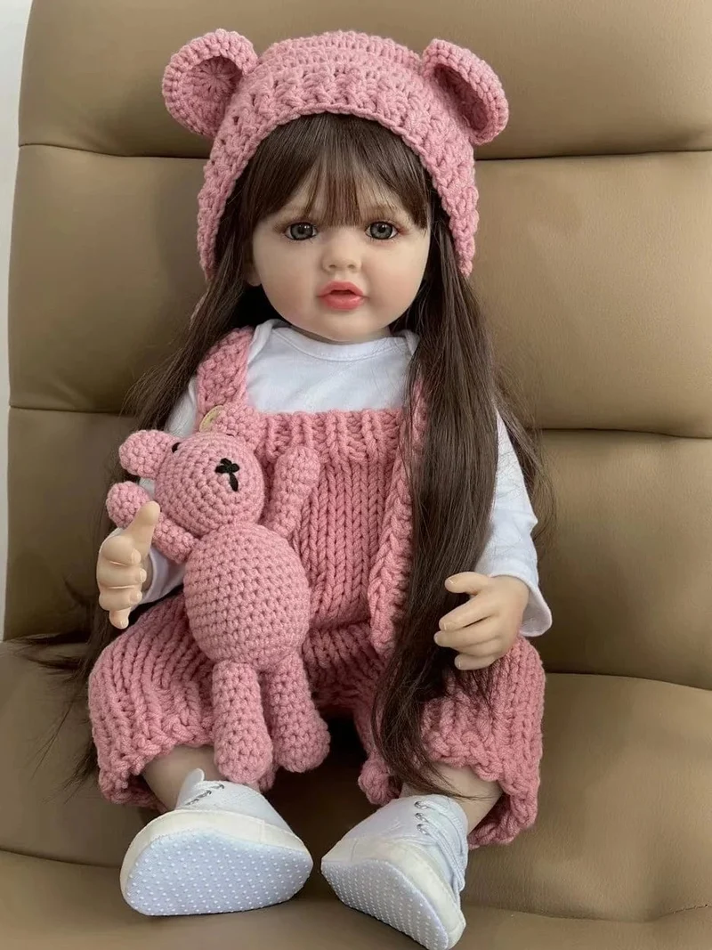 55cm 22inch Lebensechte Baby Mädchen Puppe Weiche Silikon Lange Braune Haare Realistische Prinzessin Kleinkind Bebe Geburtstag Geschenk