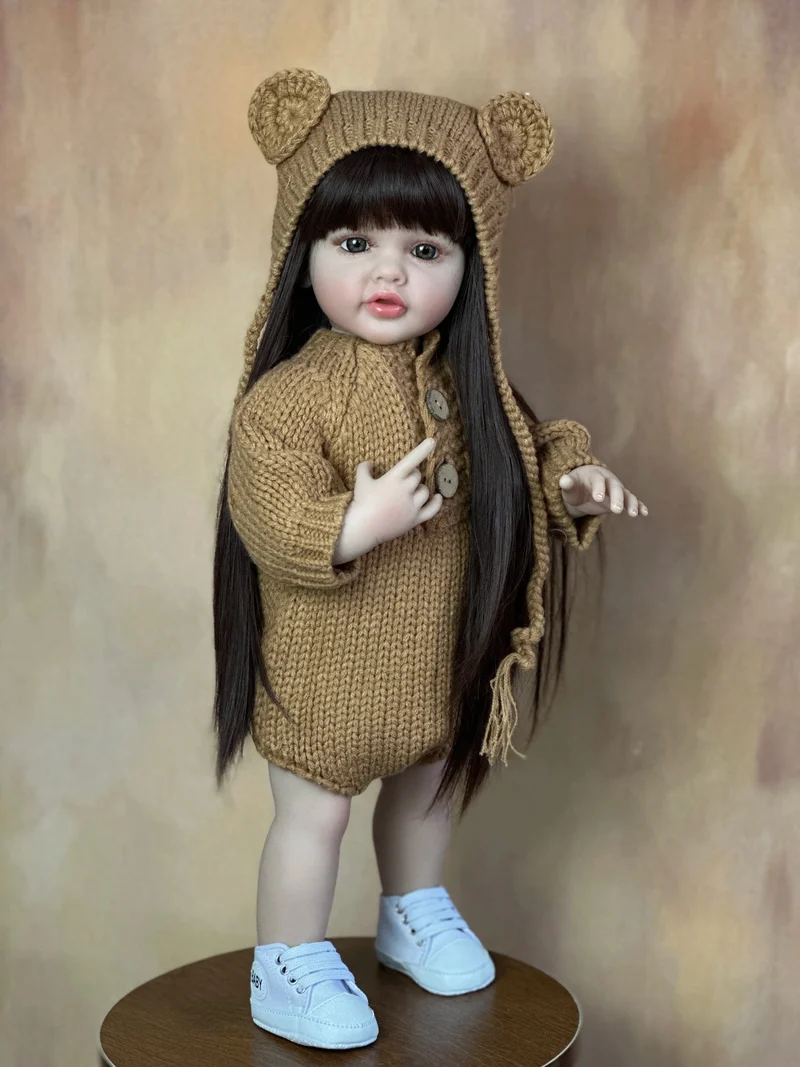 55cm 22inch Lebensechte Baby Mädchen Puppe Weiche Silikon Lange Braune Haare Realistische Prinzessin Kleinkind Bebe Geburtstag Geschenk