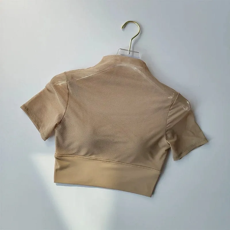 Einteiliger Cup mit Brustpolster, Mesh, kurzärmelig, Yoga-Anzug, Training, enges Oberteil, Pilates, Fitness, Laufen, Sport-T-Shirt, Stoff