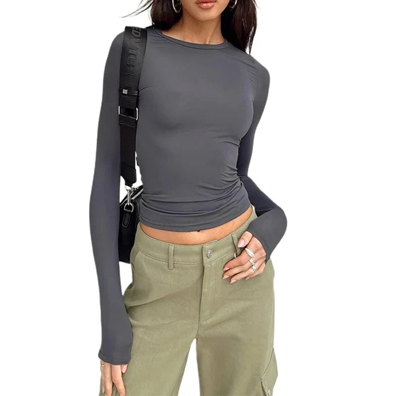2024 Damen Workout Langarm Yoga Basic T-Shirt Casual Rundhals Slim Athletic Running Solid T-Shirt Top