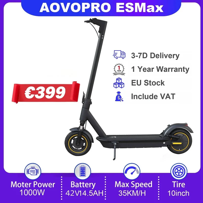 AOVOPRO ESMax 45 km Elektroroller, 35 km/h, schnelle Geschwindigkeit, 1000 W Spitzenleistung, 10 Zoll Anti-Pannen-Luftreifen, 14.5 Ah, zusammenklappbarer E-Scooter