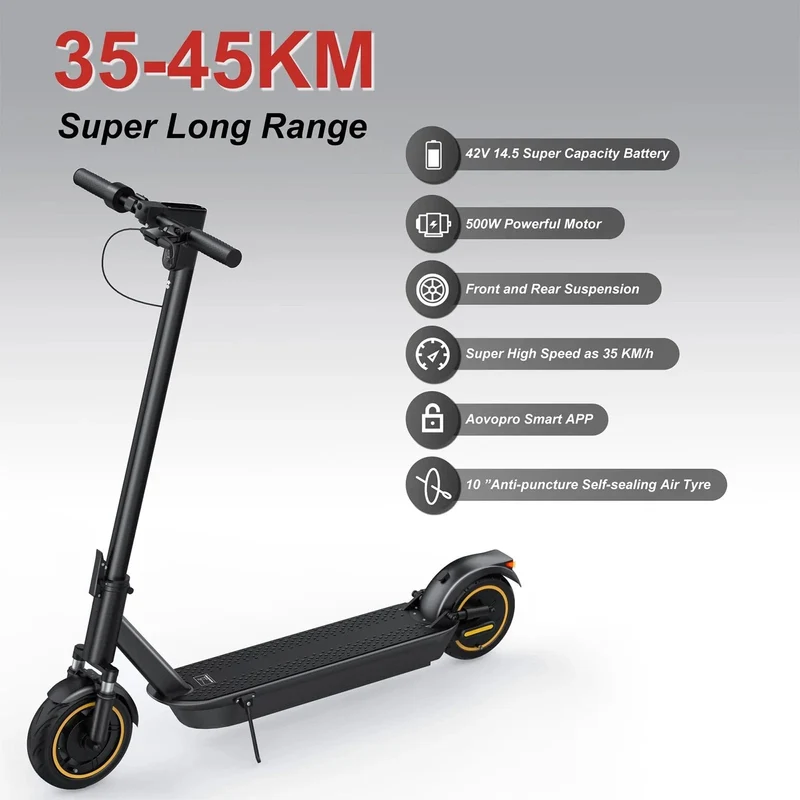 AOVOPRO ESMax 45 km Elektroroller, 35 km/h, schnelle Geschwindigkeit, 1000 W Spitzenleistung, 10 Zoll Anti-Pannen-Luftreifen, 14.5 Ah, zusammenklappbarer E-Scooter