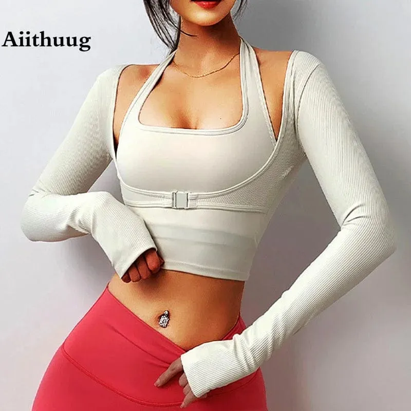 Aiithuug Gepolsterte Gym-Shirts, langärmelig, für Damen, Yoga-Shirts, gefälschte zweiteilige Fitness-Tops mit Unterbrustverschluss, sexy Workout-Top