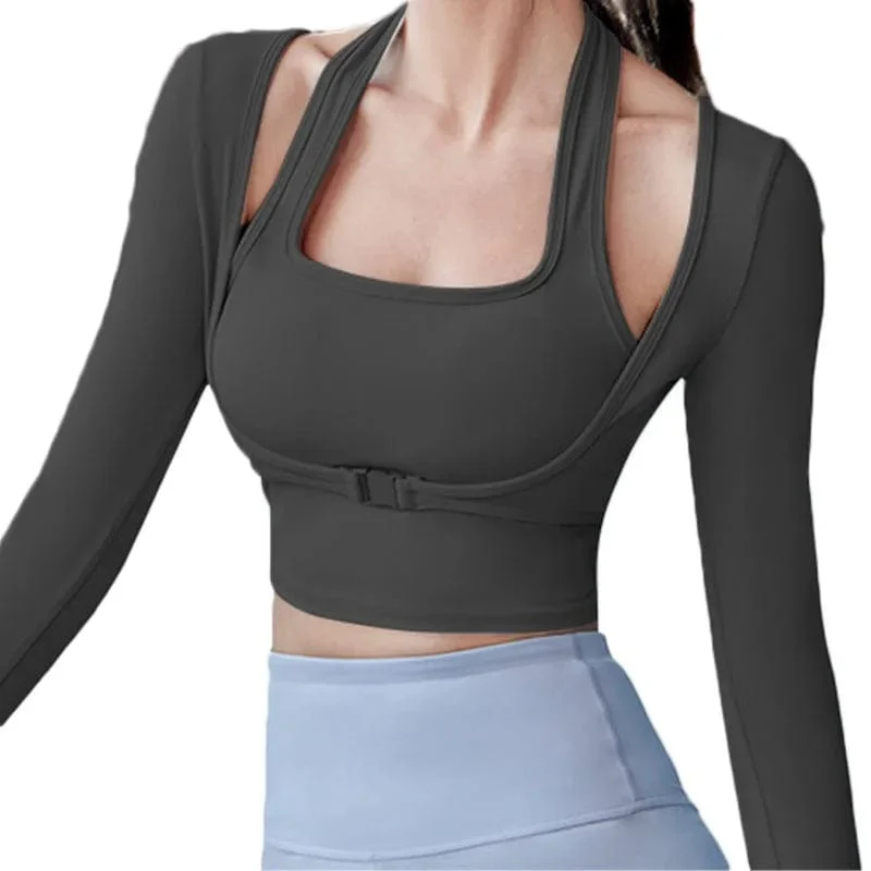 Aiithuug Gepolsterte Gym-Shirts, langärmelig, für Damen, Yoga-Shirts, gefälschte zweiteilige Fitness-Tops mit Unterbrustverschluss, sexy Workout-Top
