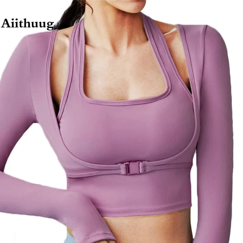Aiithuug Gepolsterte Gym-Shirts, langärmelig, für Damen, Yoga-Shirts, gefälschte zweiteilige Fitness-Tops mit Unterbrustverschluss, sexy Workout-Top