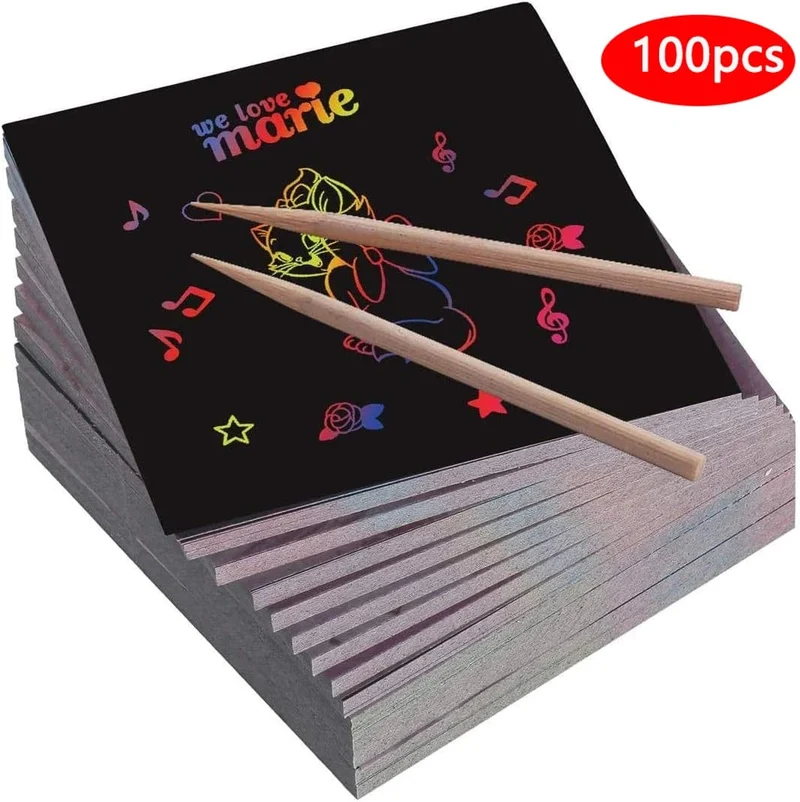 100/5-teiliges DIY-Regenbogen-Magie-Haftnotizen-Set für Kinder, Schwarz, Kratzkunst, Bastelsets, Pad, Zeichnungsvorlage, Malspielzeug