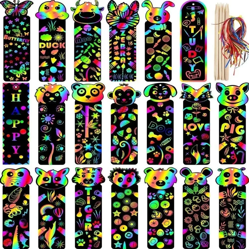 12 Stück Tier-Lesezeichen, Kratz-Zeichenpapier, DIY, magische Kratzkunst, Malbuch für Kinder, kreative Karte, pädagogisches Spielzeug mit Werkzeugen
