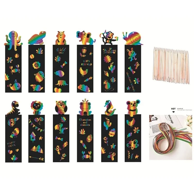 12 Stück Tier-Lesezeichen, Kratz-Zeichenpapier, DIY, magische Kratzkunst, Malbuch für Kinder, kreative Karte, pädagogisches Spielzeug mit Werkzeugen