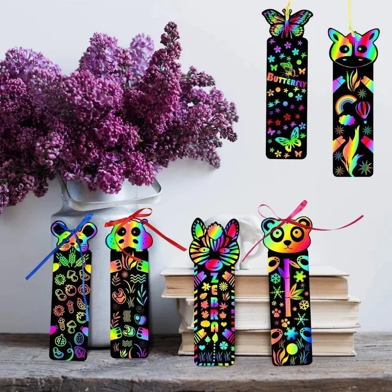 12 Stück Tier-Lesezeichen, Kratz-Zeichenpapier, DIY, magische Kratzkunst, Malbuch für Kinder, kreative Karte, pädagogisches Spielzeug mit Werkzeugen