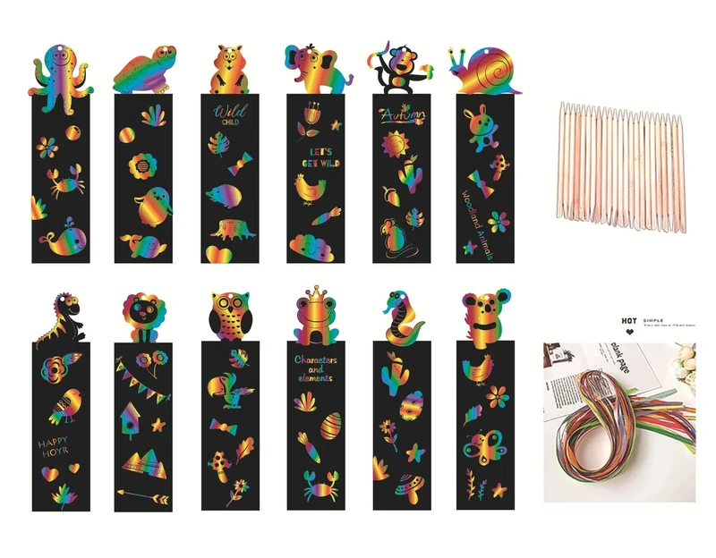 12 Stück Tier-Lesezeichen, Kratz-Zeichenpapier, DIY, magische Kratzkunst, Malbuch für Kinder, kreative Karte, pädagogisches Spielzeug mit Werkzeugen