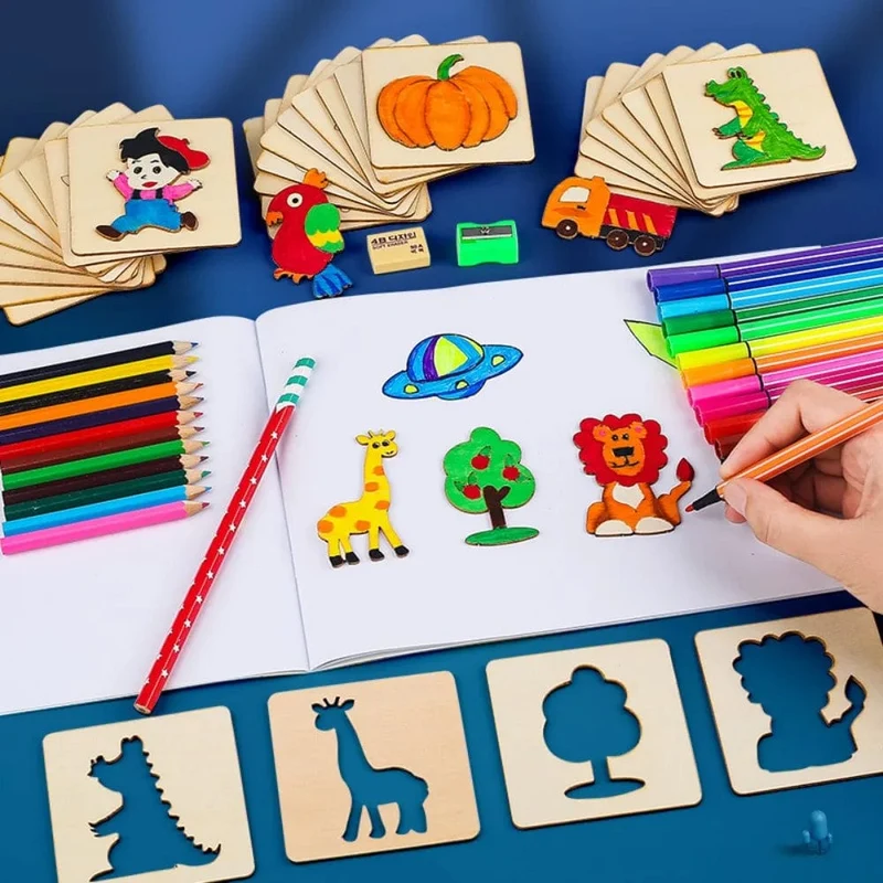 20 Stücke Montessori Kinder Zeichenspielzeug Aus Holz DIY Malerei Vorlage Schablonen Lernen Lernspielzeug für Kinder Weihnachtsgeschenke