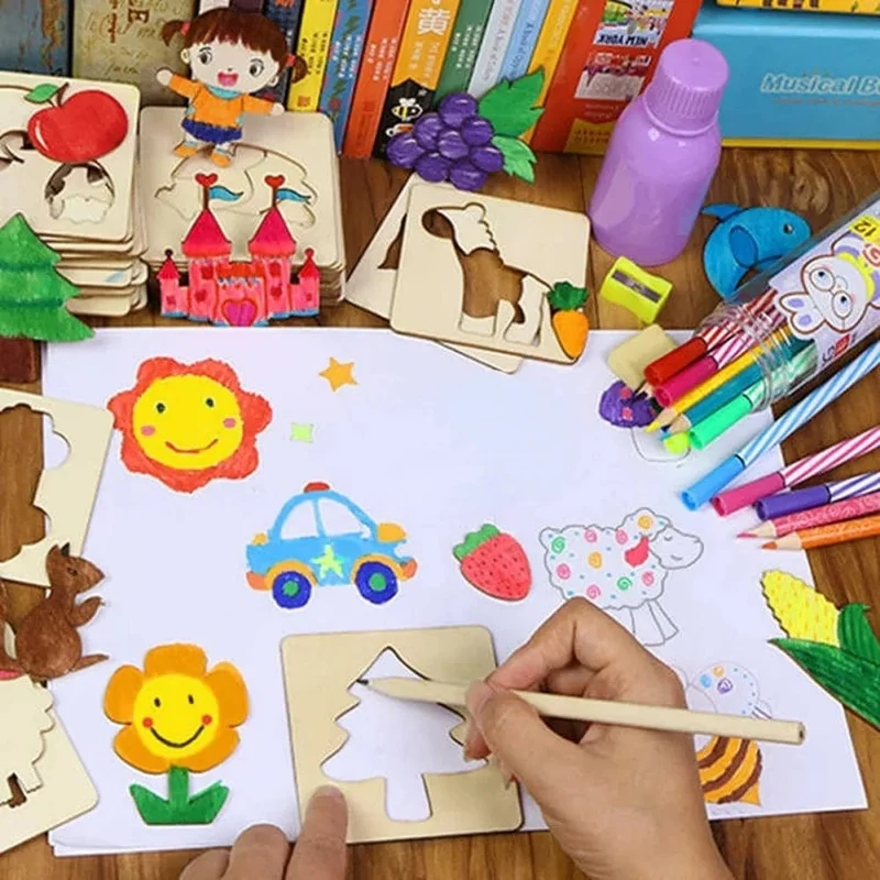 20 Stücke Montessori Kinder Zeichenspielzeug Aus Holz DIY Malerei Vorlage Schablonen Lernen Lernspielzeug für Kinder Weihnachtsgeschenke