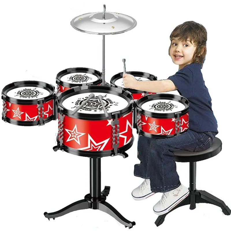 Jazz-Schlagzeugset für Kinder, 5 Trommeln/3 Trommeln mit kleinem Hocker, Schlagzeugstock-Set, Musikinstrument, Lernspielzeug für Anfänger, Geschenke