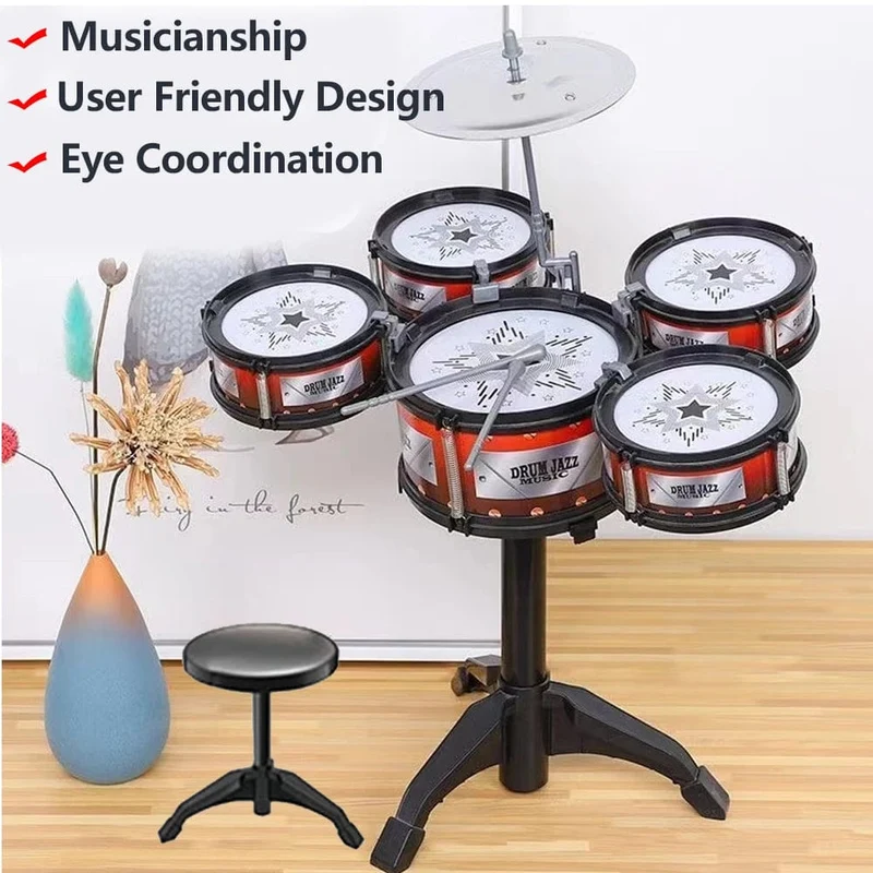 Jazz-Schlagzeugset für Kinder, 5 Trommeln/3 Trommeln mit kleinem Hocker, Schlagzeugstock-Set, Musikinstrument, Lernspielzeug für Anfänger, Geschenke
