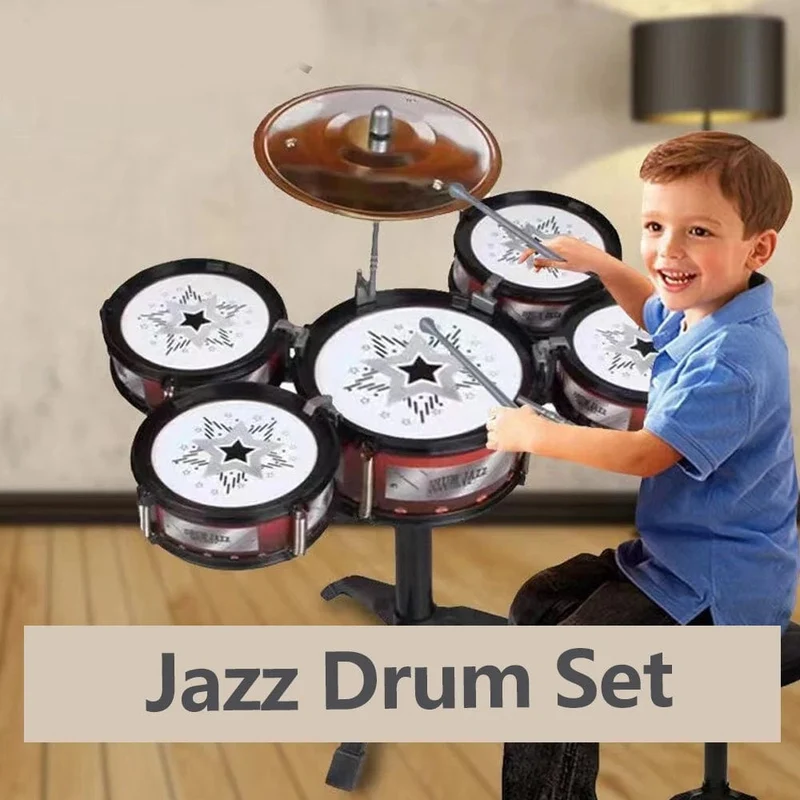 Jazz-Schlagzeugset für Kinder, 5 Trommeln/3 Trommeln mit kleinem Hocker, Schlagzeugstock-Set, Musikinstrument, Lernspielzeug für Anfänger, Geschenke