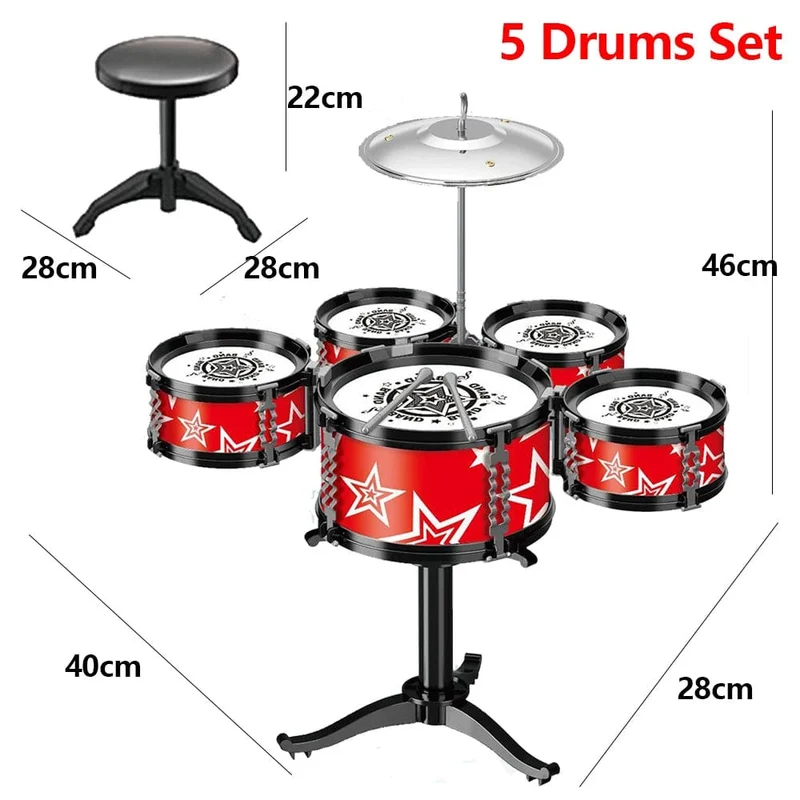 Jazz-Schlagzeugset für Kinder, 5 Trommeln/3 Trommeln mit kleinem Hocker, Schlagzeugstock-Set, Musikinstrument, Lernspielzeug für Anfänger, Geschenke