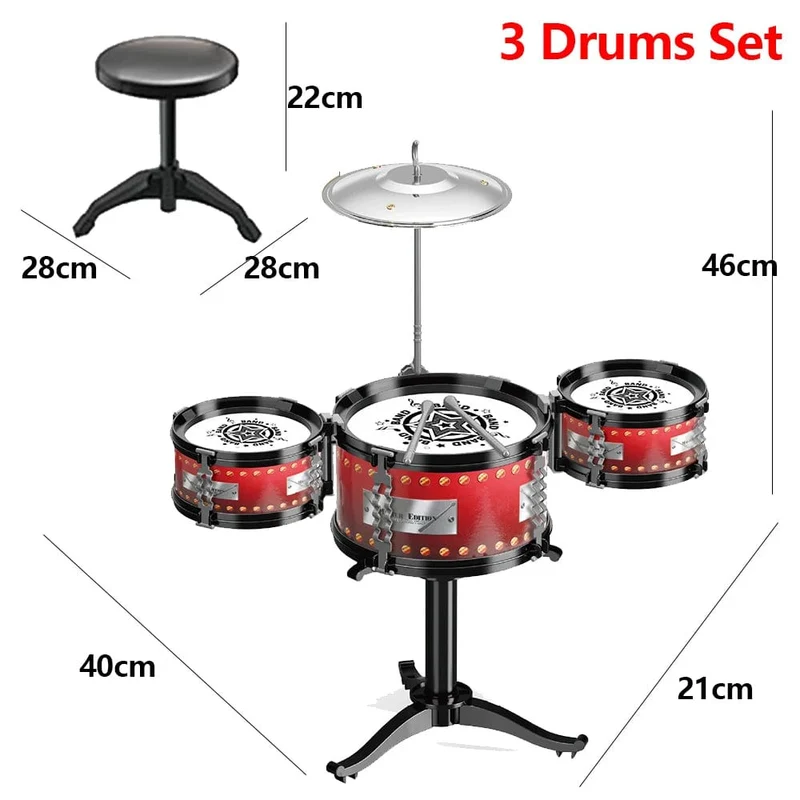 Jazz-Schlagzeugset für Kinder, 5 Trommeln/3 Trommeln mit kleinem Hocker, Schlagzeugstock-Set, Musikinstrument, Lernspielzeug für Anfänger, Geschenke