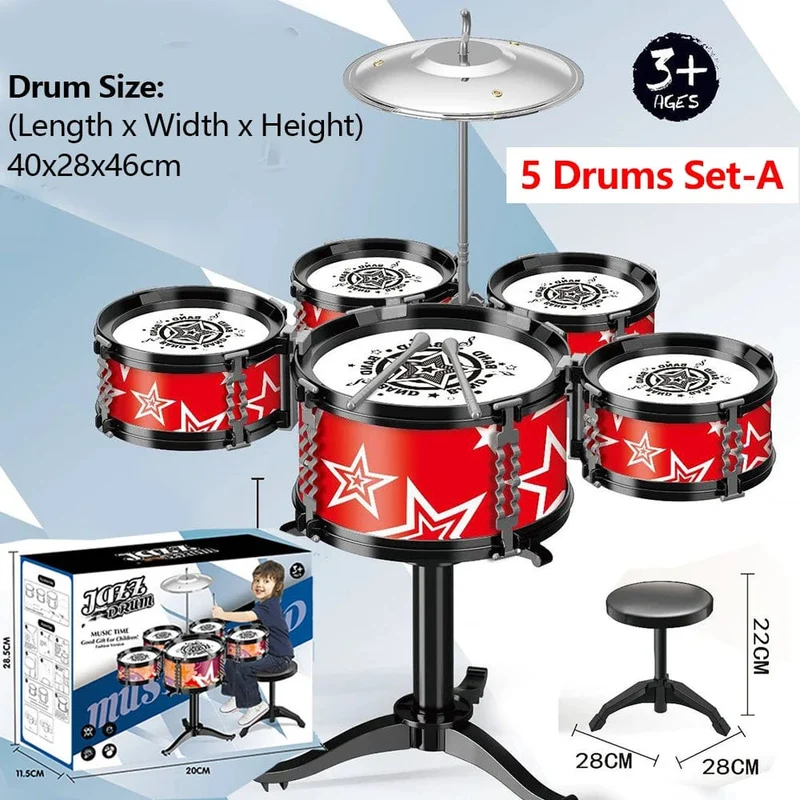 Jazz-Schlagzeugset für Kinder, 5 Trommeln/3 Trommeln mit kleinem Hocker, Schlagzeugstock-Set, Musikinstrument, Lernspielzeug für Anfänger, Geschenke