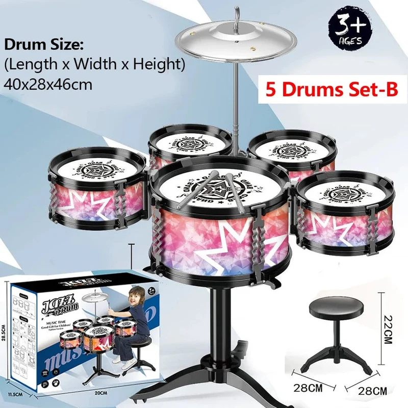 Jazz-Schlagzeugset für Kinder, 5 Trommeln/3 Trommeln mit kleinem Hocker, Schlagzeugstock-Set, Musikinstrument, Lernspielzeug für Anfänger, Geschenke