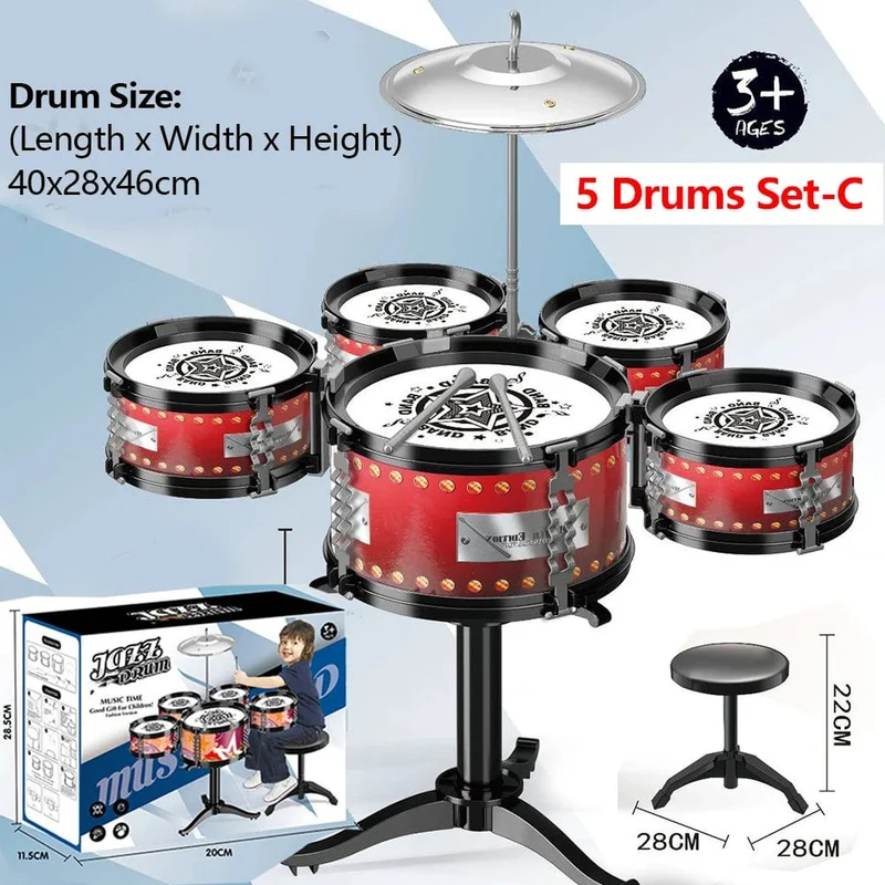Jazz-Schlagzeugset für Kinder, 5 Trommeln/3 Trommeln mit kleinem Hocker, Schlagzeugstock-Set, Musikinstrument, Lernspielzeug für Anfänger, Geschenke