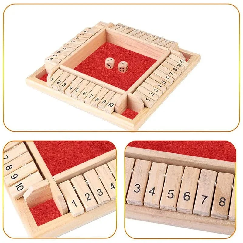 Deluxe vierseitiges 10 Numbers Shut The Box Brettspielset Würfel Party Club Trinkspiele für Erwachsene Familien
