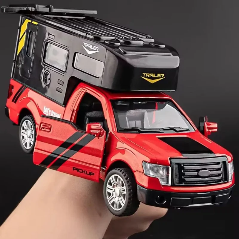 Maßstab 1/32 Ford F150 Pickup Truck RV Modellauto aus Legierung, Druckguss, Sound/Licht, Pullback, 3 Türen können geöffnet werden, Fahrzeug für Jungen, Geschenk