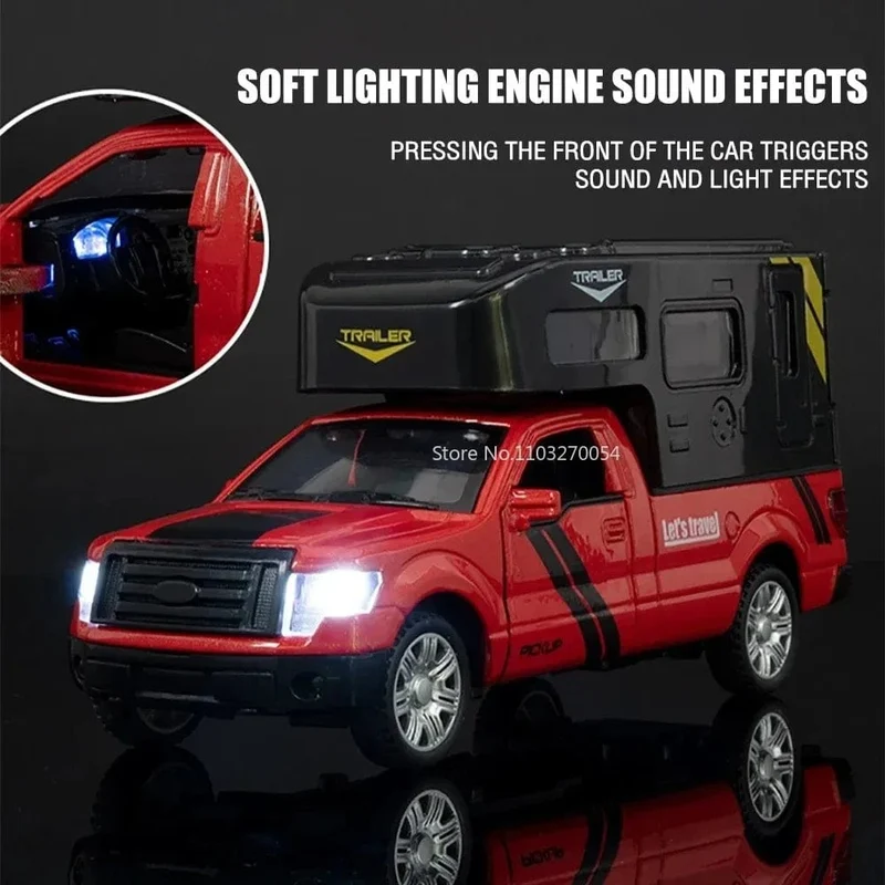 Maßstab 1/32 Ford F150 Pickup Truck RV Modellauto aus Legierung, Druckguss, Sound/Licht, Pullback, 3 Türen können geöffnet werden, Fahrzeug für Jungen, Geschenk