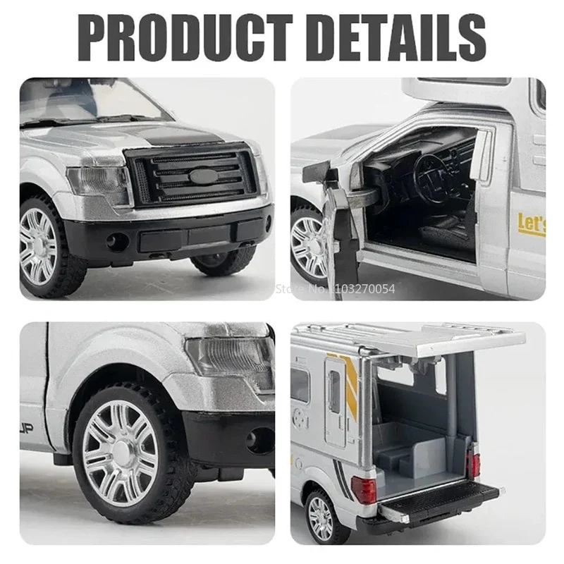 Maßstab 1/32 Ford F150 Pickup Truck RV Modellauto aus Legierung, Druckguss, Sound/Licht, Pullback, 3 Türen können geöffnet werden, Fahrzeug für Jungen, Geschenk