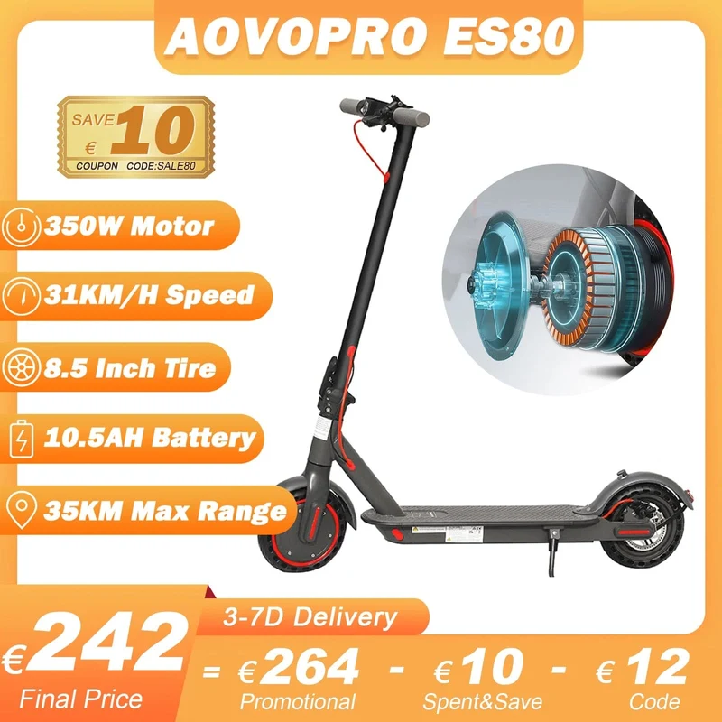 AOVOPRO ES80 Elektroroller 350W Motor 10.5 Ah Akku 31 km/h Höchstgeschwindigkeit 35 km Super Reichweite 8.5 Zoll klappbarer Erwachsener APP Roller