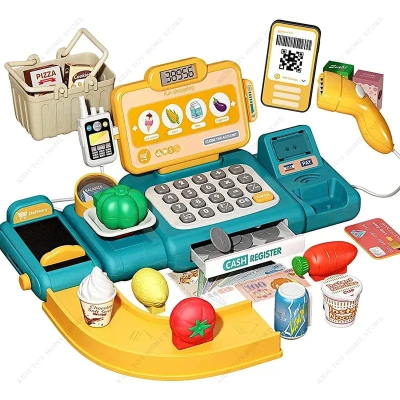 Rollenspiel-Rechner, Registrierkasse, Spielzeug, Supermarkt, Laden, Kassierer, mit Scanner, Mikrofon, Kreditkarte, Geschenke für Kinder