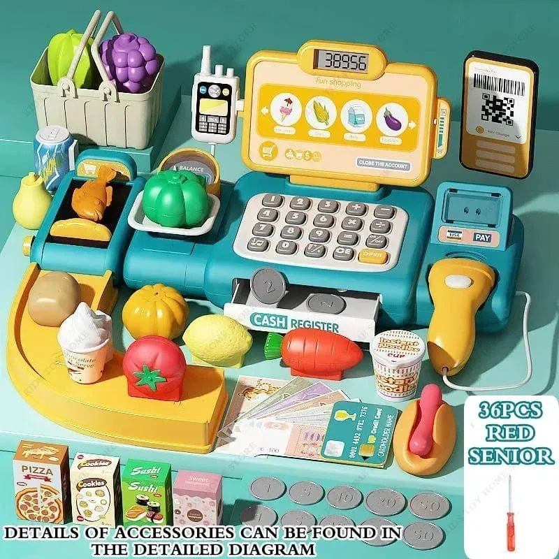 Rollenspiel-Rechner, Registrierkasse, Spielzeug, Supermarkt, Laden, Kassierer, mit Scanner, Mikrofon, Kreditkarte, Geschenke für Kinder