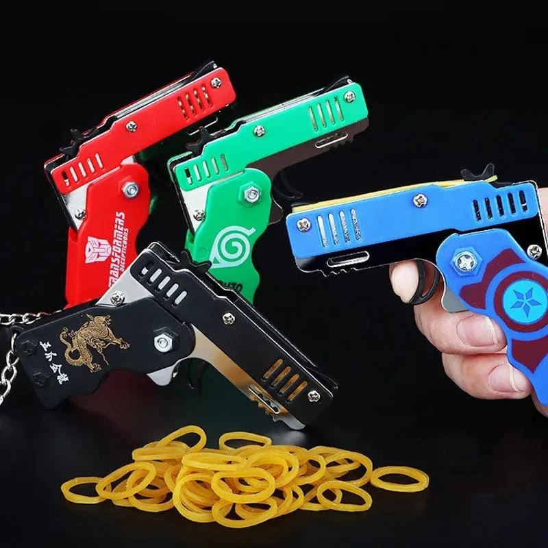 1 Stück Mini-Spielzeugpistole aus Metall mit Gummiband, lustige Klapppistole, Schlüsselanhänger, Anhänger, Kindergeburtstagsgeschenk, Spielzeug für Jungen und Mädchen, Spiel, Party-Geschenke