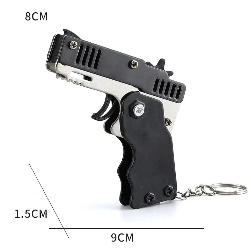 1 Stück Mini-Spielzeugpistole aus Metall mit Gummiband, lustige Klapppistole, Schlüsselanhänger, Anhänger, Kindergeburtstagsgeschenk, Spielzeug für Jungen und Mädchen, Spiel, Party-Geschenke