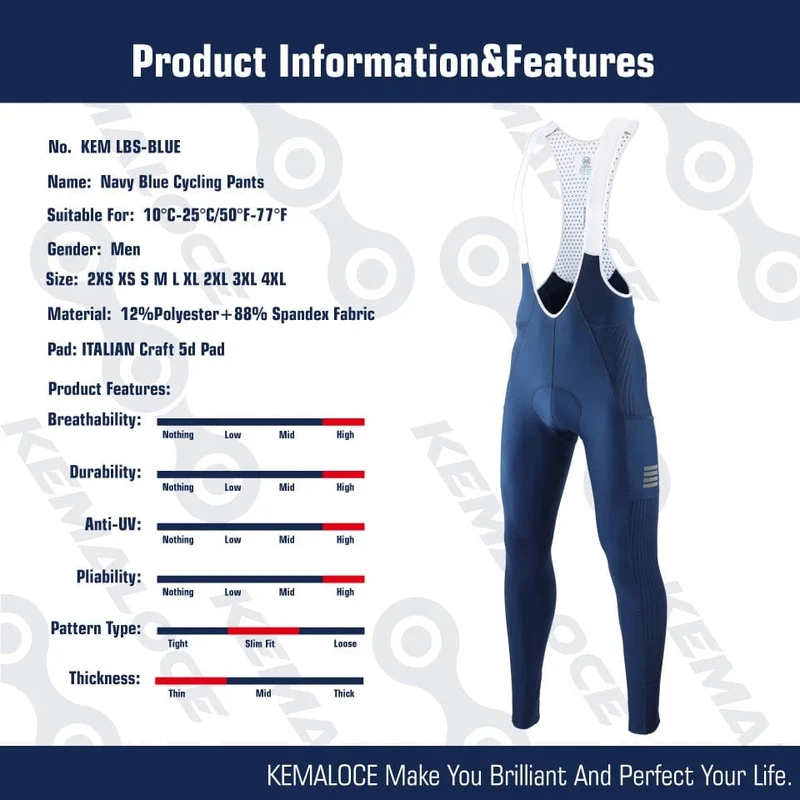 KEMALOCE Herren Fahrradhose Sommer und Herbst, schnell trocknend, blau/schwarz/grau, Gel-Pad, MTB, Fahrrad-Trägerhose, hochwertige, atmungsaktive lange Strumpfhose
