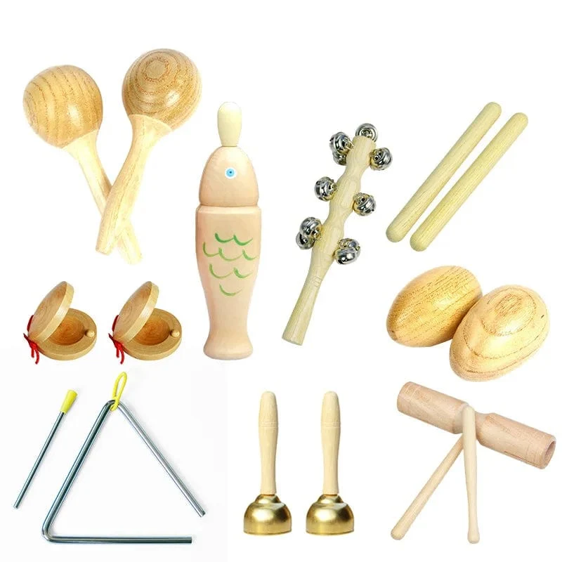 Baby-Musikspielzeug, Kastagnetten, Sandhammer, Tamburin, Dreieck, Doppelring, Montessori-Schlaginstrument, Spielzeug für Neugeborene, Geschenke