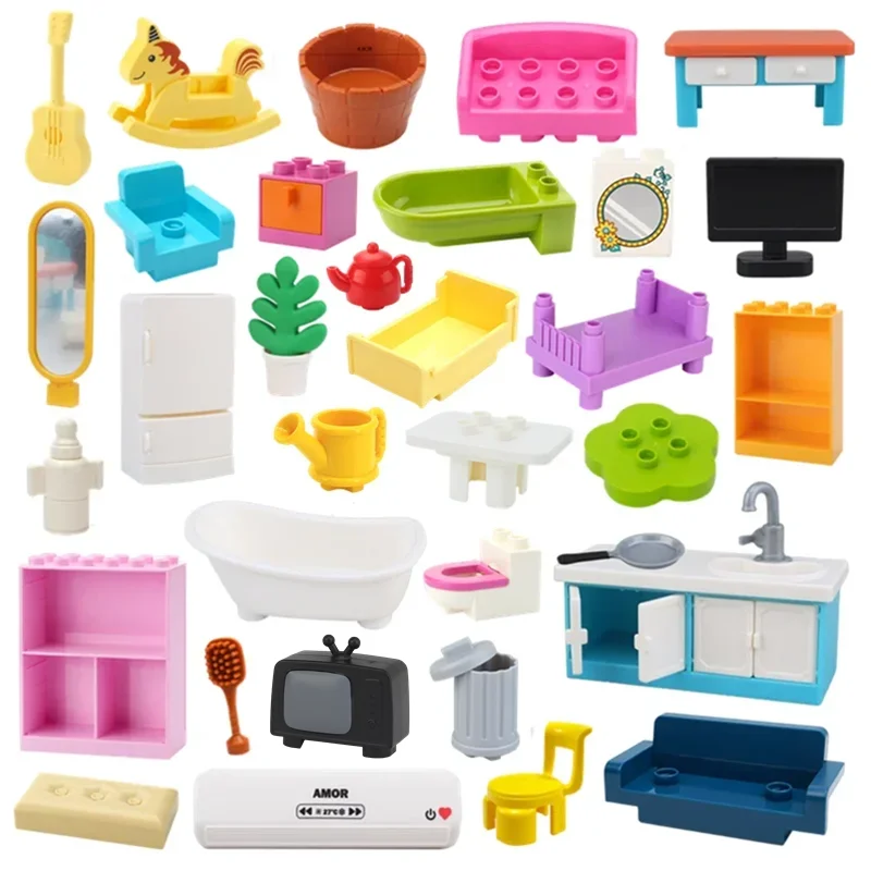 Große Bausteine, Spielhaus, Möbelzubehör, Innenutensilien, Bett, kompatibel mit großen Ziegelsteinen, zum Zusammenbauen von Spielzeug für Kinder, Kinder, Geschenk