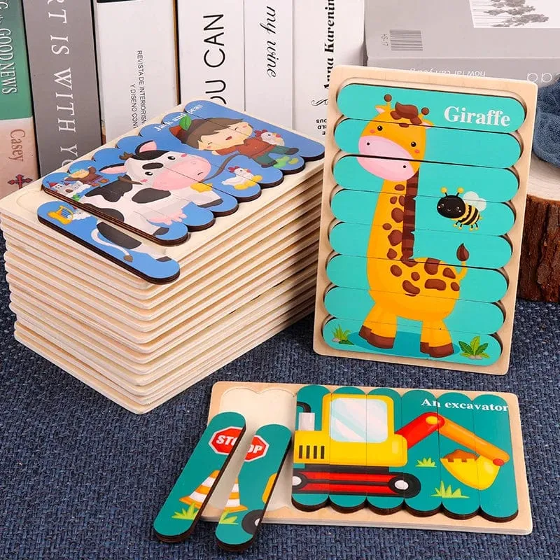 Baby Hölzernes Montessori-Puzzle Kinderspiel Holzpuzzle 3D Cartoon Tierpuzzle Babys Spielzeug Puzzles Für Kinder 1 2 3 Jahre alt
