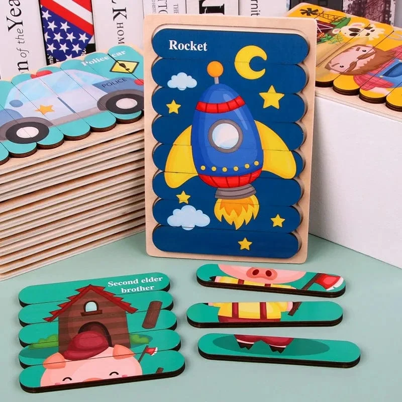 Baby Hölzernes Montessori-Puzzle Kinderspiel Holzpuzzle 3D Cartoon Tierpuzzle Babys Spielzeug Puzzles Für Kinder 1 2 3 Jahre alt