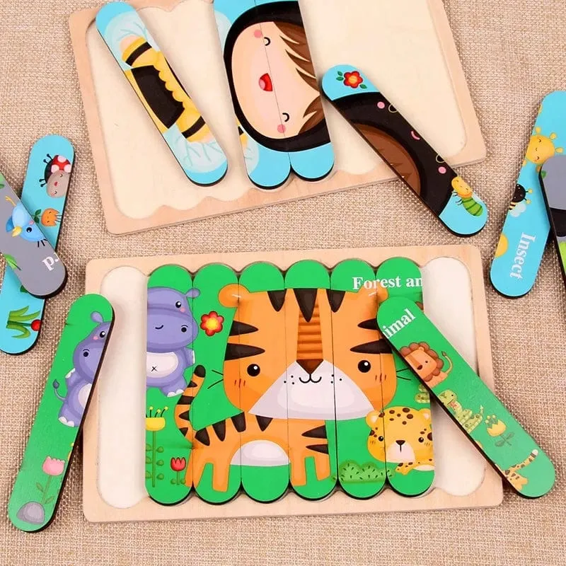 Baby Hölzernes Montessori-Puzzle Kinderspiel Holzpuzzle 3D Cartoon Tierpuzzle Babys Spielzeug Puzzles Für Kinder 1 2 3 Jahre alt