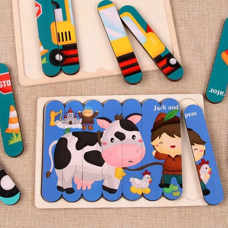Baby Hölzernes Montessori-Puzzle Kinderspiel Holzpuzzle 3D Cartoon Tierpuzzle Babys Spielzeug Puzzles Für Kinder 1 2 3 Jahre alt