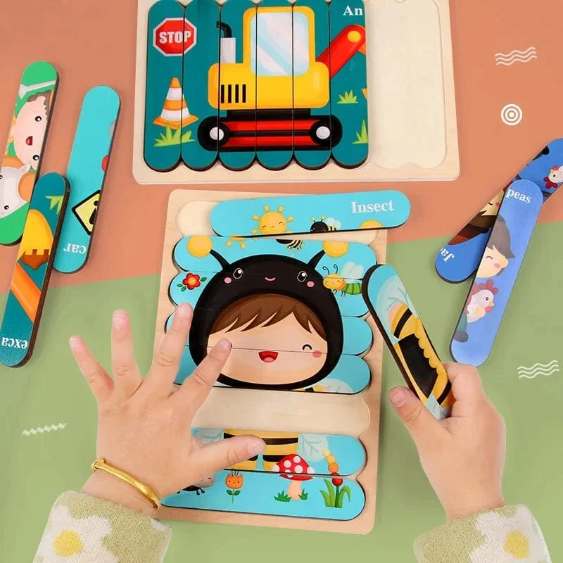 Baby Hölzernes Montessori-Puzzle Kinderspiel Holzpuzzle 3D Cartoon Tierpuzzle Babys Spielzeug Puzzles Für Kinder 1 2 3 Jahre alt